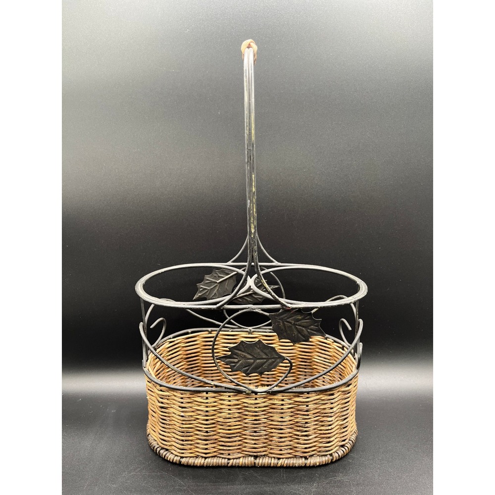 Vtg Wrought Iron Wicker Double Wine Bottle Caddy Leaf Detail Decor Kitchen 14"